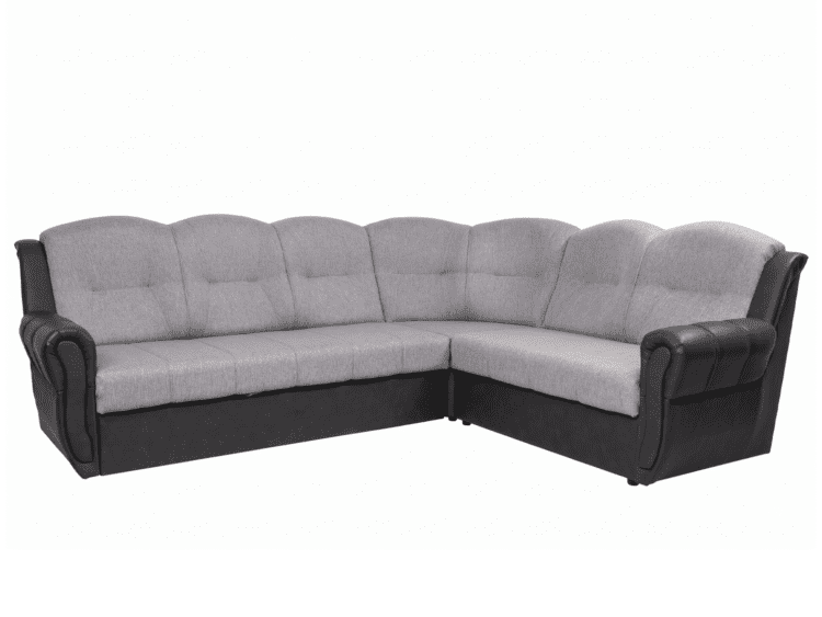L-shaped sectional sofa with light gray fabric cushions and dark leather-arm accents on a black base