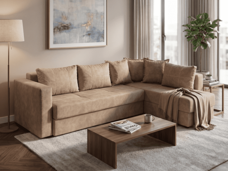 Beige sectional sofa with cushions and a draped throw in a modern living room.