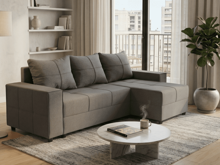 Cozy living room with a gray L-shaped sofa, round marble coffee table, and a steaming mug on top, near a balcony window and potted plant.