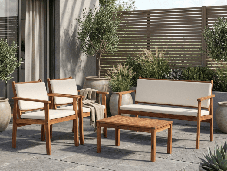 Outdoor patio seating with wooden frame chairs and a matching coffee table on a stone patio, potted plants in background.