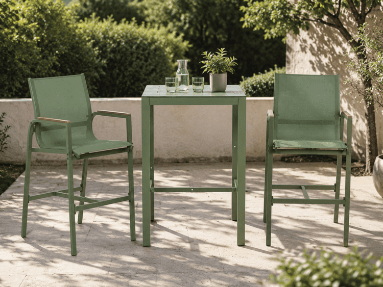Green metal outdoor bistro set on a sunny patio: a small square table with a carafe, two glasses, and a potted plant, flanked by two matching chairs.