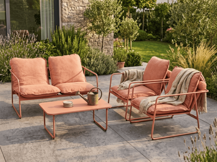 Outdoor patio with coral pink metal-framed sofa set and a matching coffee table on a stone patio, greenery in the background.