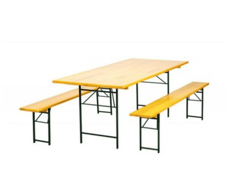 Wooden picnic table with two long benches on a black metal frame.