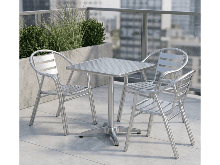 Aluminum outdoor patio set with a square perforated table and four slatted chairs on a rooftop balcony, with planters and a city backdrop.