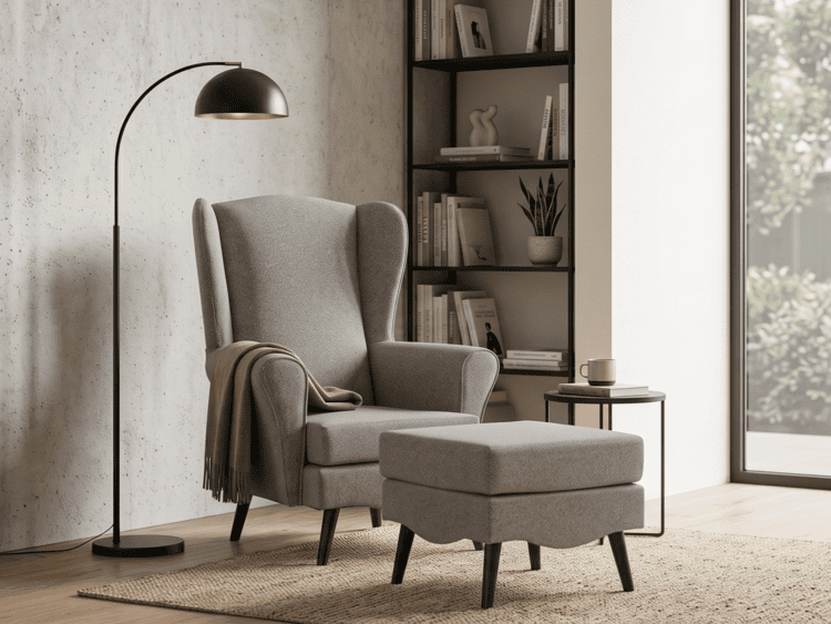 Cozy reading corner with a gray armchair and matching ottoman, floor lamp, and a bookshelf by a large window.