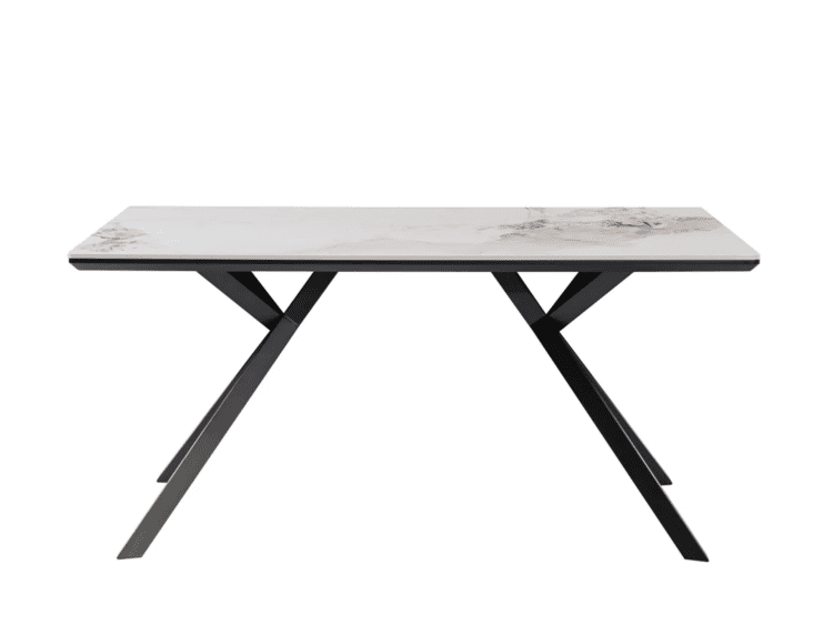 Modern rectangular table with a white marble top and black angular metal legs.