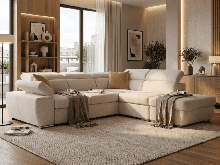 Beige L-shaped sofa with brown throws in a modern living room featuring wooden shelves and large windows.