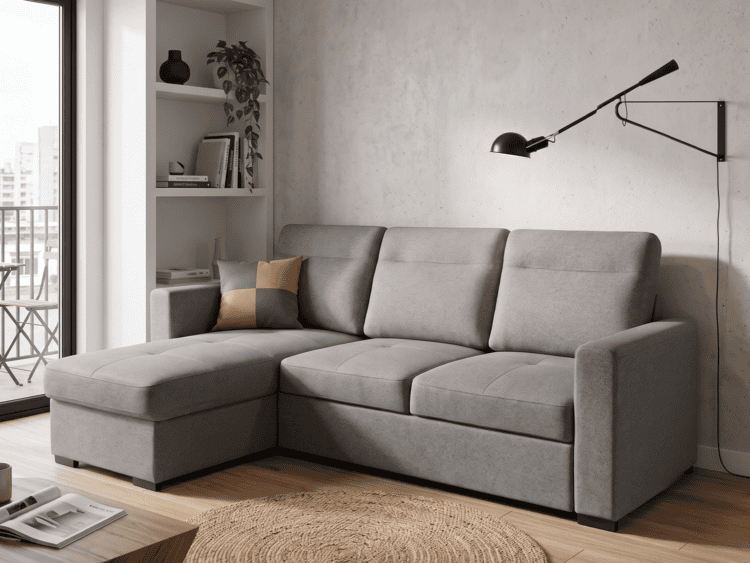 Modern living room with a grey L-shaped sofa, tufted cushions, and a round jute rug on a wooden floor.