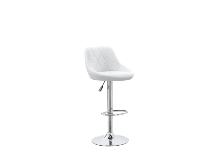 White quilted bar stool with chrome pedestal base and footrest, viewed straight on.