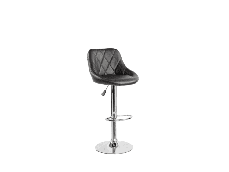 Black quilted-leather bar stool with chrome pedestal base and footrest, swivel seat fits counter-height.