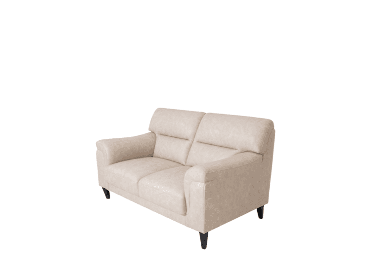 Beige two-cushion fabric loveseat with angled armrests and dark wooden legs on a white background