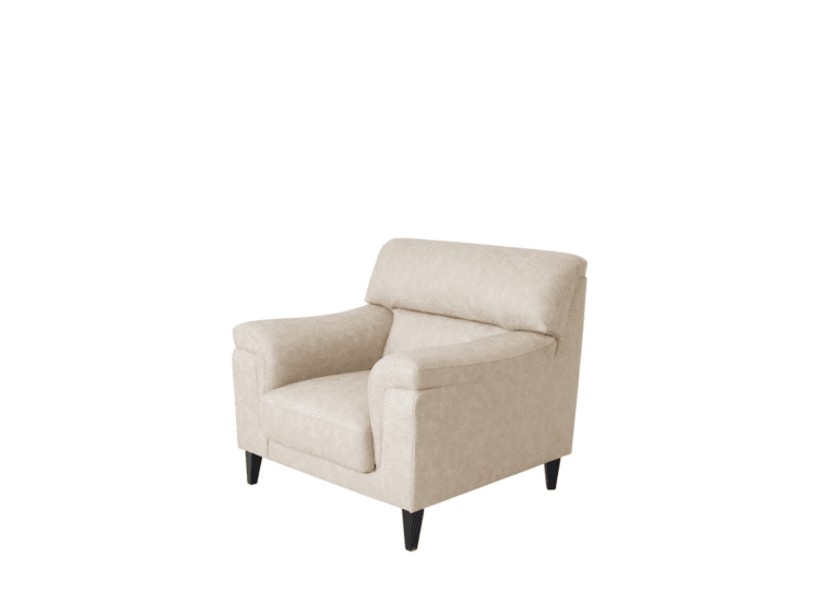 Beige upholstered armchair with a cushioned back and dark wooden legs on a white background.