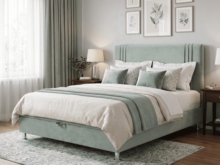Mint green upholstered bed with white linens and coordinating pillows in a bright, plant-filled bedroom.