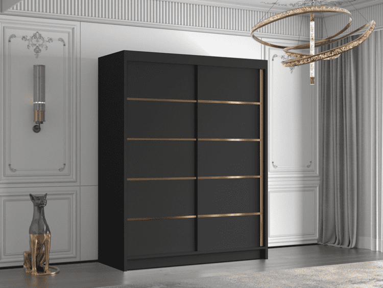 Large black wardrobe with gold horizontal trim stands in an elegant, white-paneled room with a decorative cat statue nearby.
