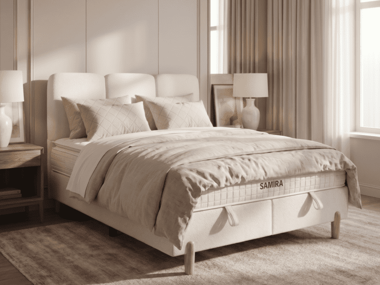 Neutral-toned bedroom with a beige upholstered bed, quilts, and two matching nightstands with lamps on either side.