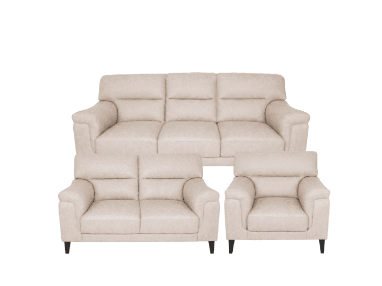 Beige fabric living-room sofa set: a three-seat sofa with two matching armchairs on a white background.