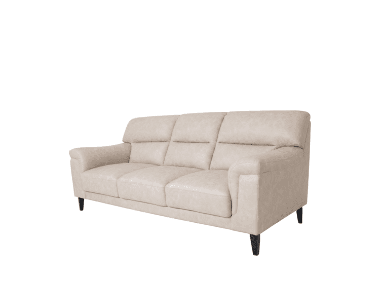Beige three-seat fabric sofa with cushioned backrests and dark tapered legs on a white background, viewed from the side.