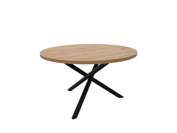 Round wooden coffee table with black crisscross metal legs.