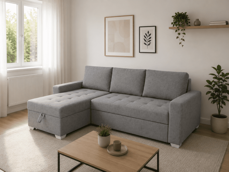 Gray L-shaped sofa with a tufted chaise in a bright, minimalist living room with plants and wall art.