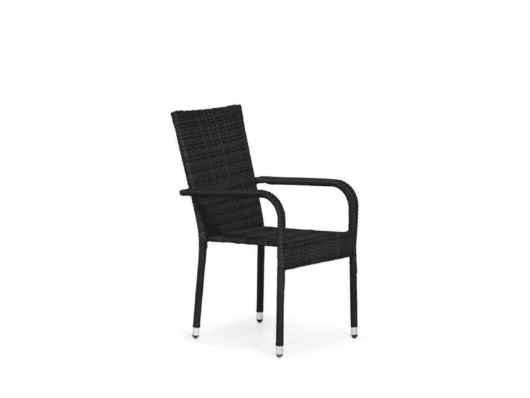 Black woven chair with armrests and four legs on a white background (studio shot).