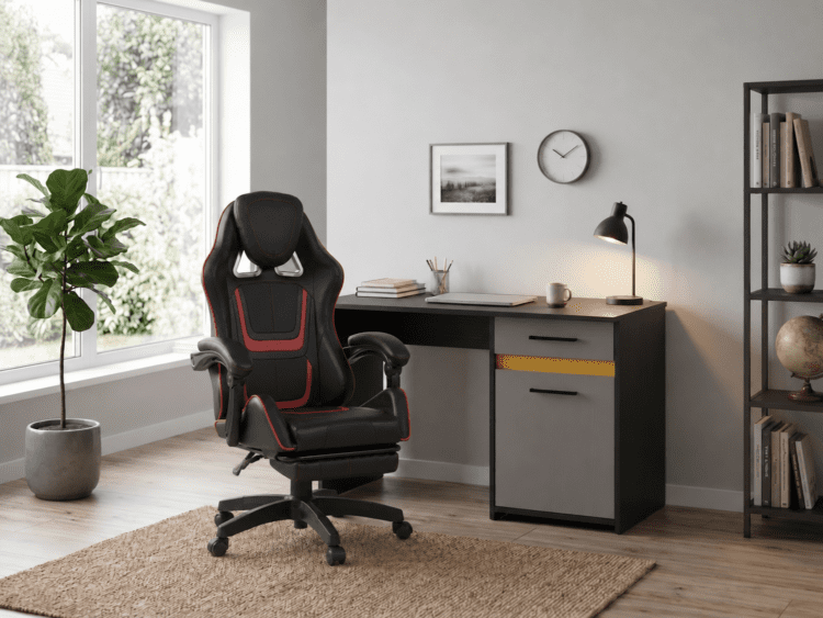 Modern home office with a black and red ergonomic chair in front of a dark desk by a large window and a potted plant.