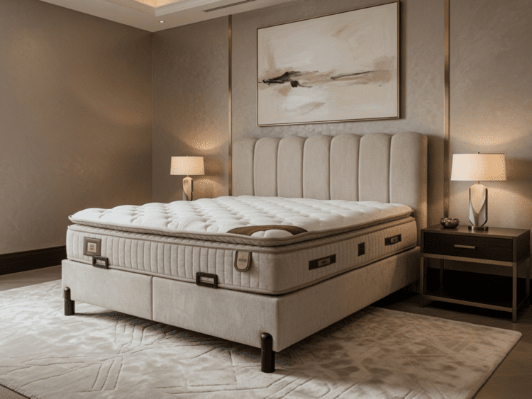Neutral-toned hotel-style bedroom featuring a tufted beige headboard bed, two matching nightstands, and soft lighting.