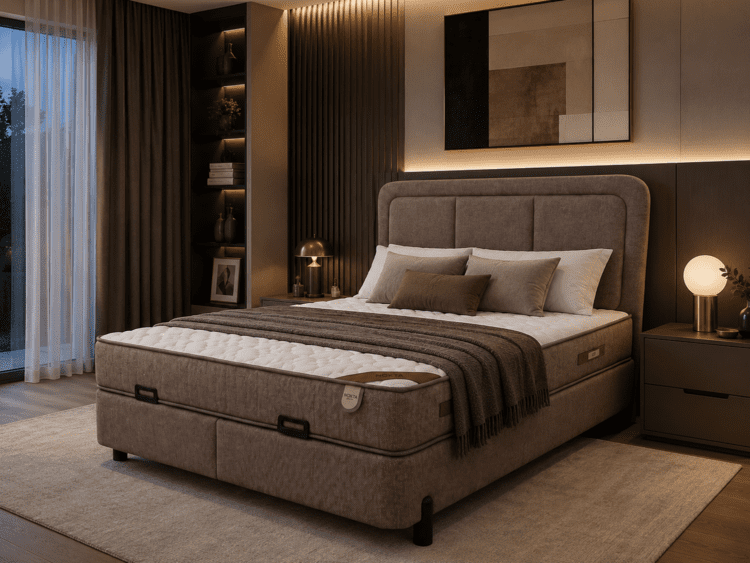 Luxurious modern bedroom with a tufted beige king bed, warm lighting, and neutral pillows.