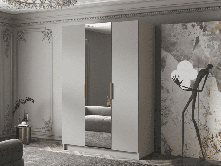 Modern gray wardrobe with a full-length mirror reflecting a gray sofa in a classical-style living room.