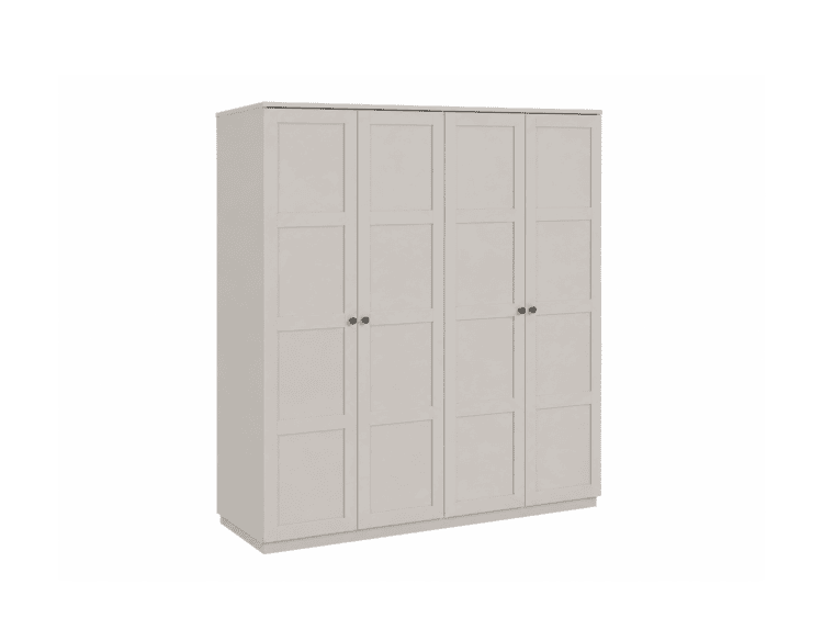 Tall beige wardrobe with four paneled doors and small round knobs, standing on a light base.