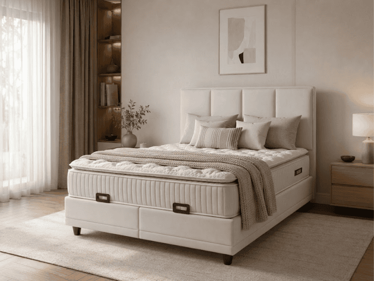 Neutral-toned bedroom with a white upholstered bed, beige bedding, and a wooden nightstand on the right.
