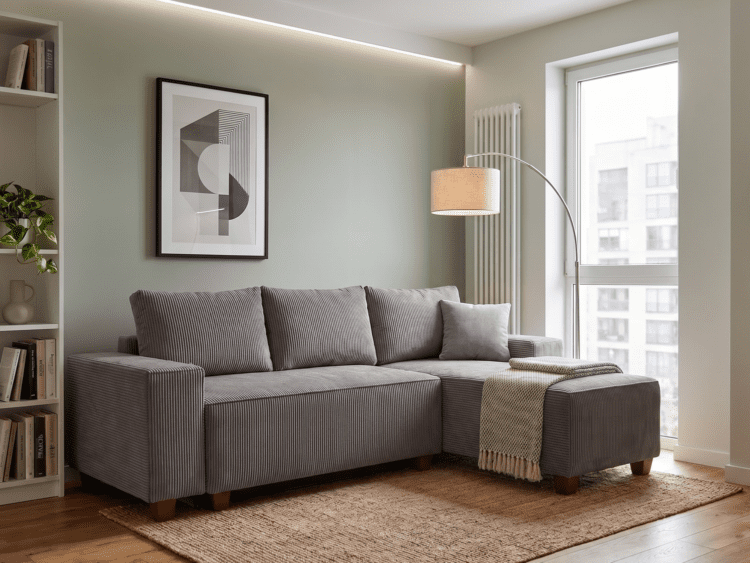 Modern living room with a grey striped sectional sofa, beige throw, and a framed abstract print on a pale green wall.