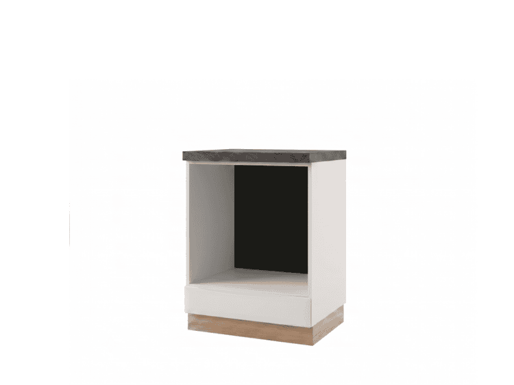 White end table with an open front cavity and a light wood base, featuring a dark top edge.