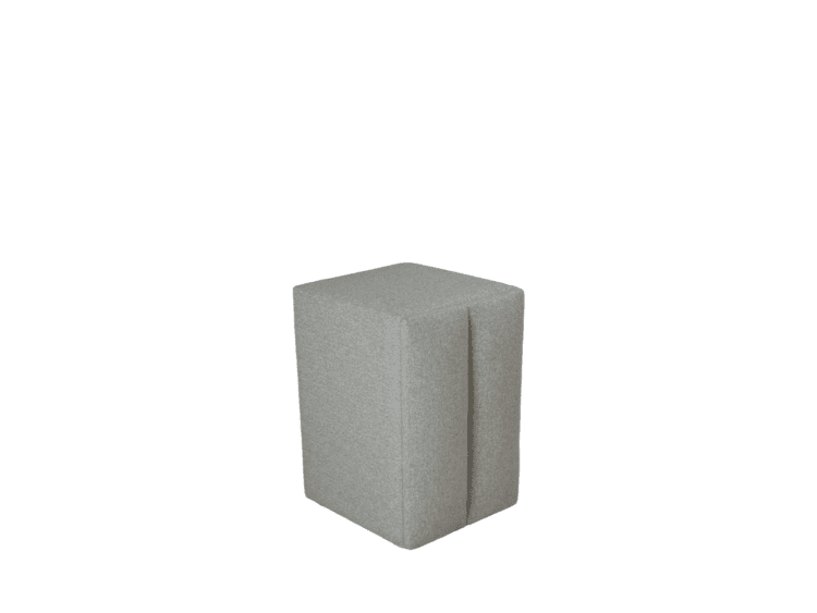 Light gray upholstered cube ottoman with a vertical seam on the front edge