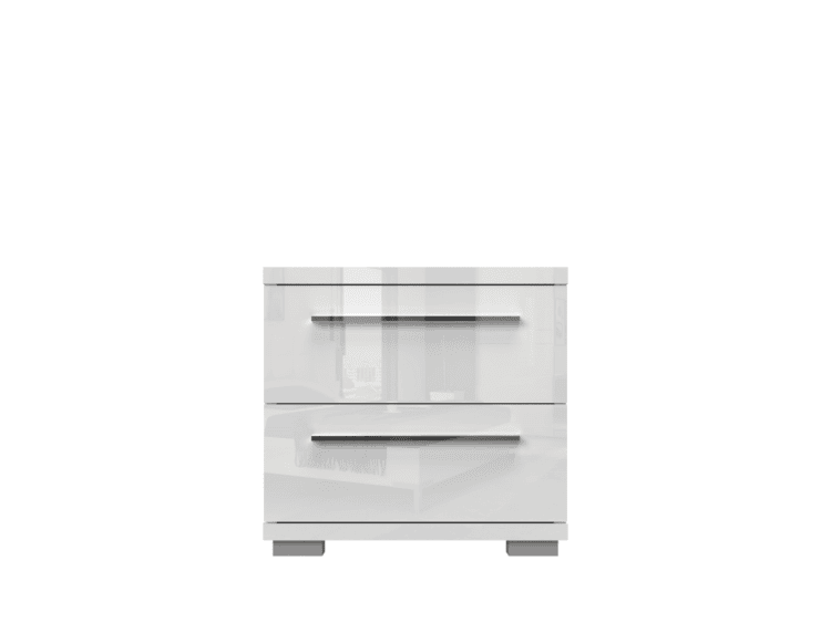 White glossy dresser with three drawers and horizontal metal handles in a bright showroom setting.