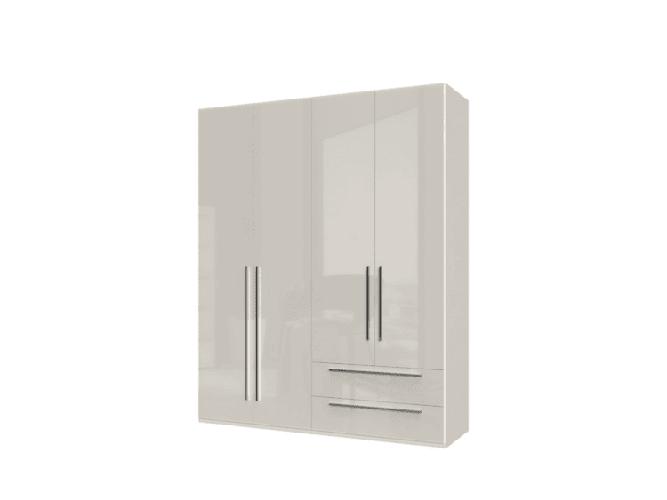White glossy wardrobe with two tall outer doors and a center door featuring a glass panel; drawers at the bottom right.