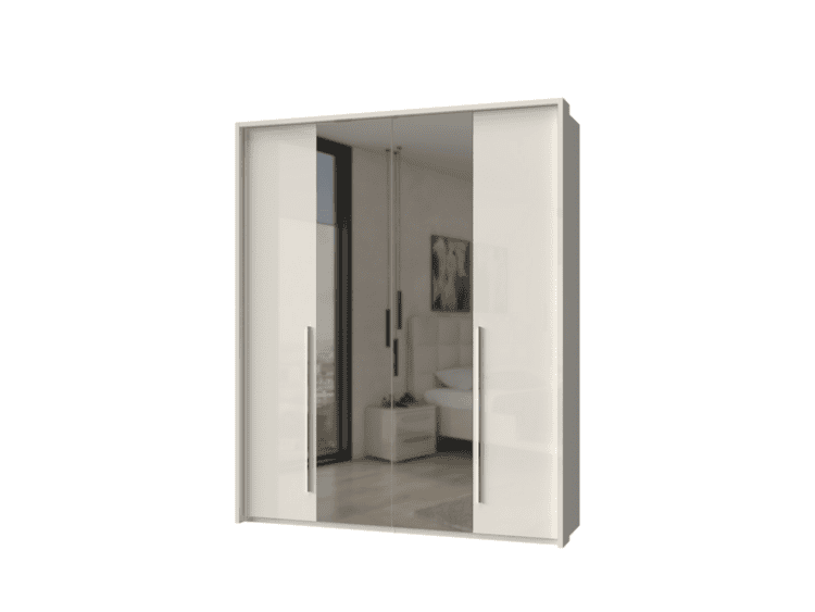 White wardrobe with three mirrored sliding doors reflecting a bedroom.