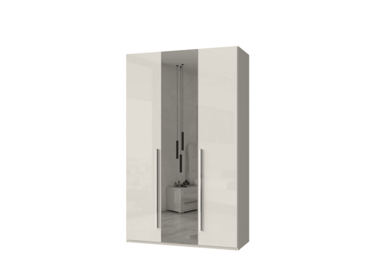 White glossy wardrobe with two central mirrored doors and long vertical handles, shown in a modern bedroom setting
