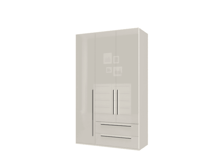 White tall wardrobe with glass-front doors and two bottom drawers, centered handles and a minimalist design in a neutral room option.