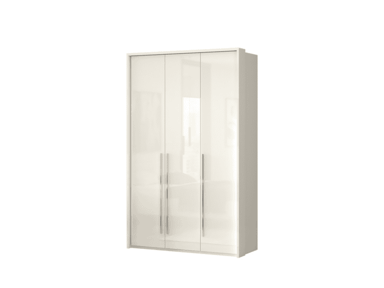 White four-door wardrobe with glass panels and tall vertical metal handles, standing upright in a bedroom setting (furniture storage).