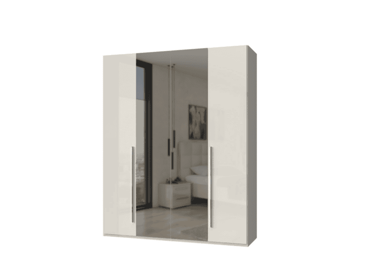 White glossy four-door wardrobe with two central mirrored doors and long vertical handles in a modern bedroom setting