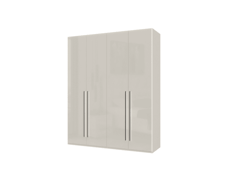 White glossy four-door wardrobe with tall vertical metal handles on each door.