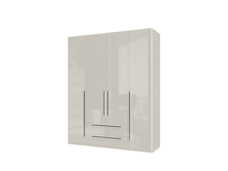 White glossy wardrobe with four doors, central drawer drawers and slim vertical handles for bedroom storage.