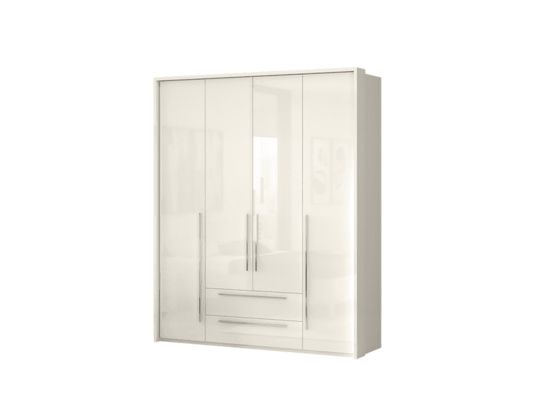 White tall wardrobe with four glossy doors and two bottom drawers, featuring long vertical handles.