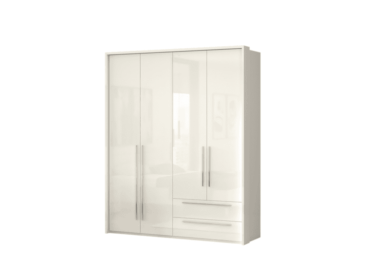 White glossy wardrobe with four doors and two lower drawers, slim metal handles on the doors.