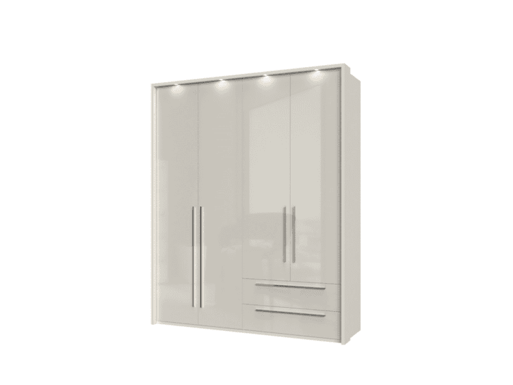 White matte wardrobe with four tall doors, long vertical handles, and two bottom drawers on the right side