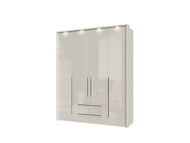 White tall wardrobe with four doors, two central drawers, and long vertical handles; sleek modern design.