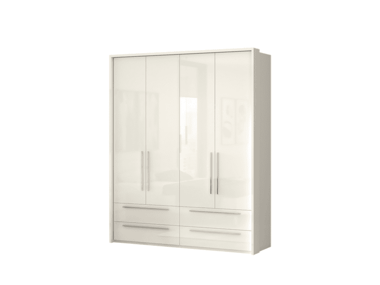 White bedroom wardrobe with four glossy doors, mirrored panels, and six lower drawers with long vertical handles in a neutral setting.