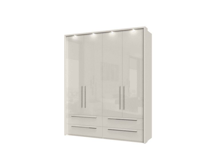 White modern wardrobe with frosted glass doors and four large drawers at the bottom, glossy finish.
