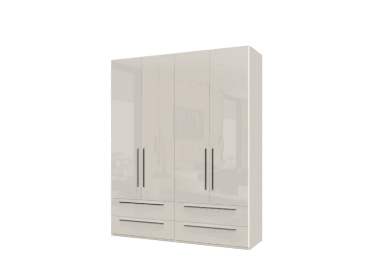 White glossy wardrobe with four tall doors and six drawers, featuring vertical metal handles on each door and wide drawer pulls at the bottom edge.