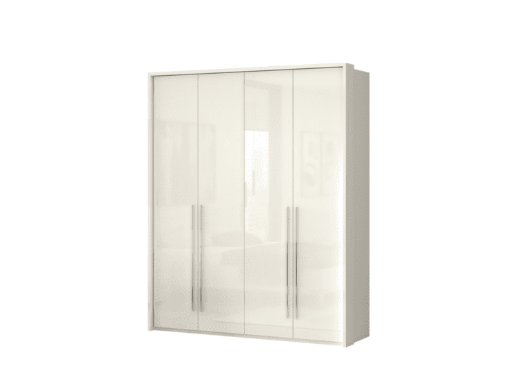 White four-door wardrobe with reflective glass panels and tall vertical handles, standing in a bright room